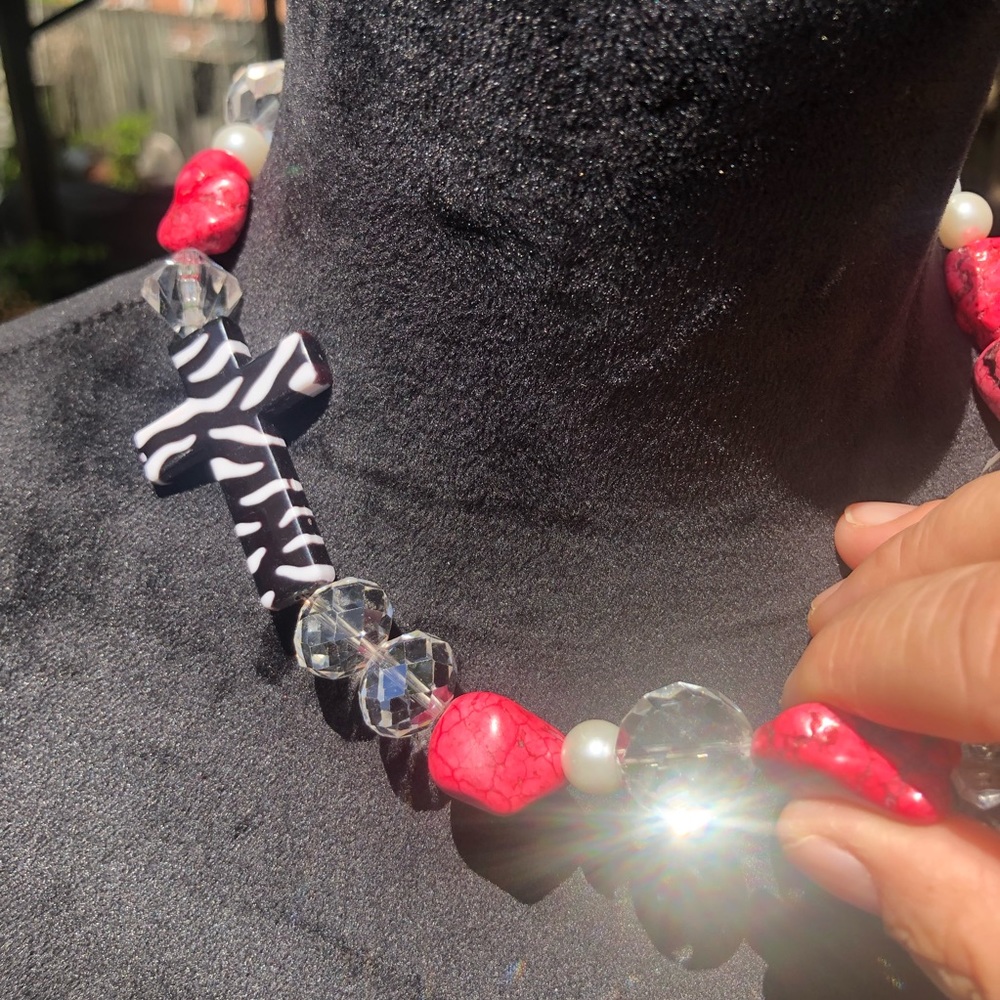 Zebra Religious Cross Bling Statement Collar Necklace - Picture 9 of 9